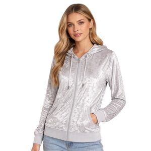 BCBG Max Azria Silver Crushed Velvet Zip-Up Hoodie Jacket Women's L
